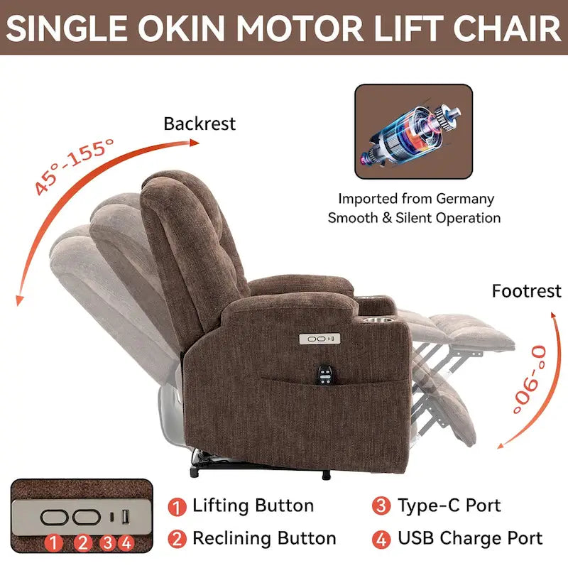 Fauteuil inclinable électrique gris spacieux avec massage, chauffage, deux ports USB, chargement de type C et porte-gobelets