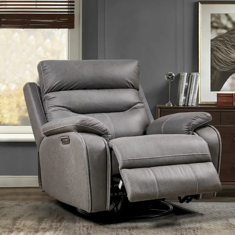 Fauteuil inclinable gris à deux moteurs avec pivotement à 240°, fonction de balancement, ports USB et appui-tête réglable