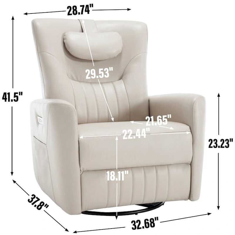 Fauteuil inclinable, pivotant et à bascule électrique avec soutien lombaire et cervical, ports de chargement USB et USB-C