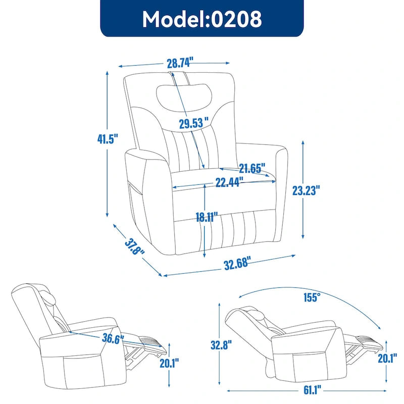 Fauteuil inclinable, pivotant et à bascule électrique avec soutien lombaire et cervical, ports de chargement USB et USB-C