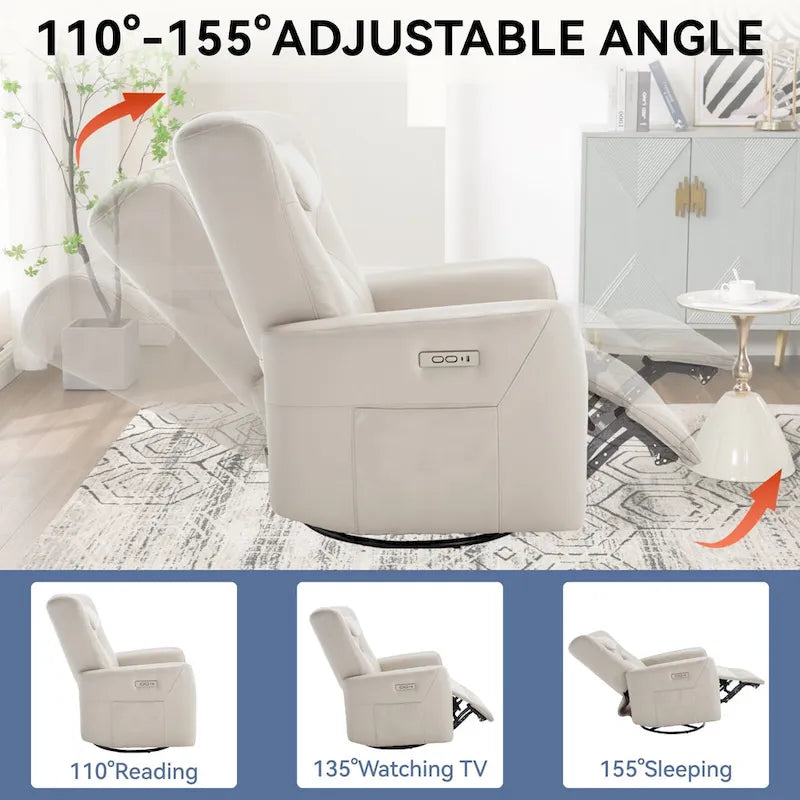 Fauteuil inclinable, pivotant et à bascule électrique avec soutien lombaire et cervical, ports de chargement USB et USB-C