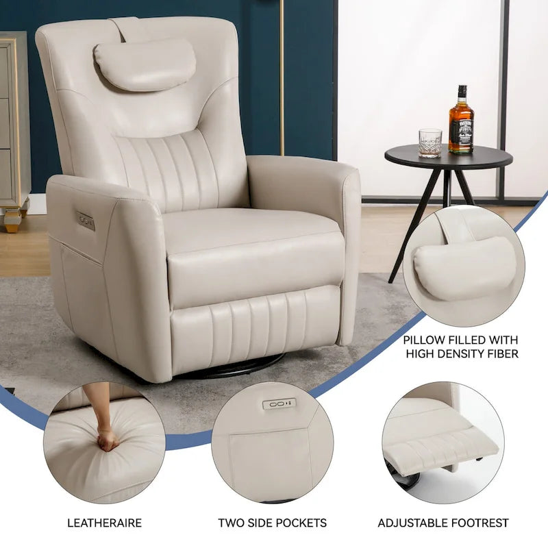 Fauteuil inclinable, pivotant et à bascule électrique avec soutien lombaire et cervical, ports de chargement USB et USB-C