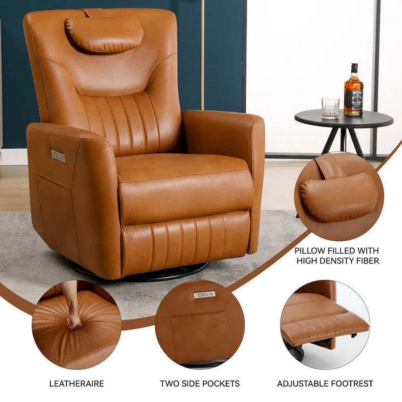 Fauteuil inclinable, pivotant et à bascule électrique avec soutien lombaire et cervical, ports de chargement USB et USB-C