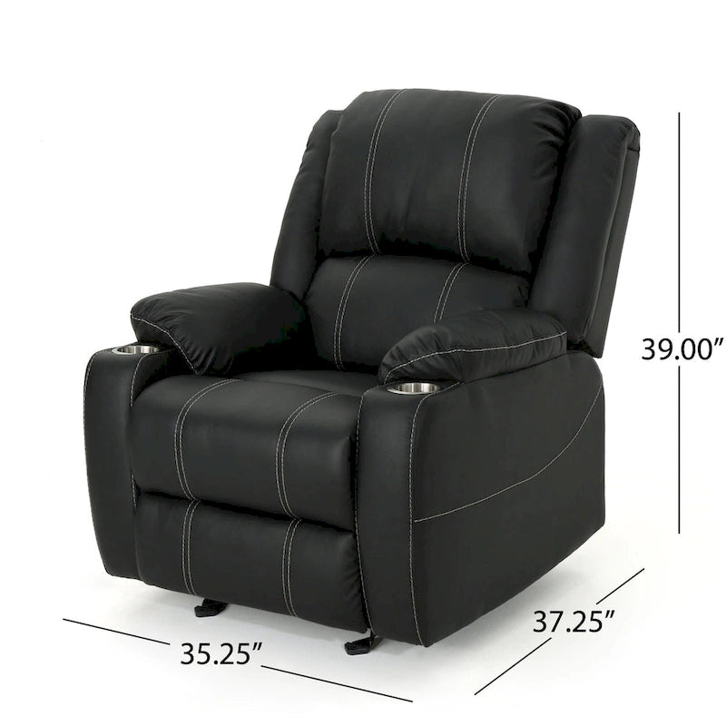 Fauteuil inclinable manuel contemporain noir avec porte-gobelets en acier, revêtement en similicuir PU moelleux, inclinaison réglable