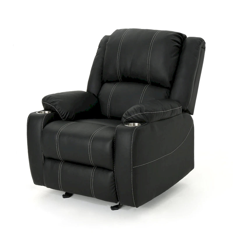 Fauteuil inclinable manuel contemporain noir avec porte-gobelets en acier, revêtement en similicuir PU moelleux, inclinaison réglable