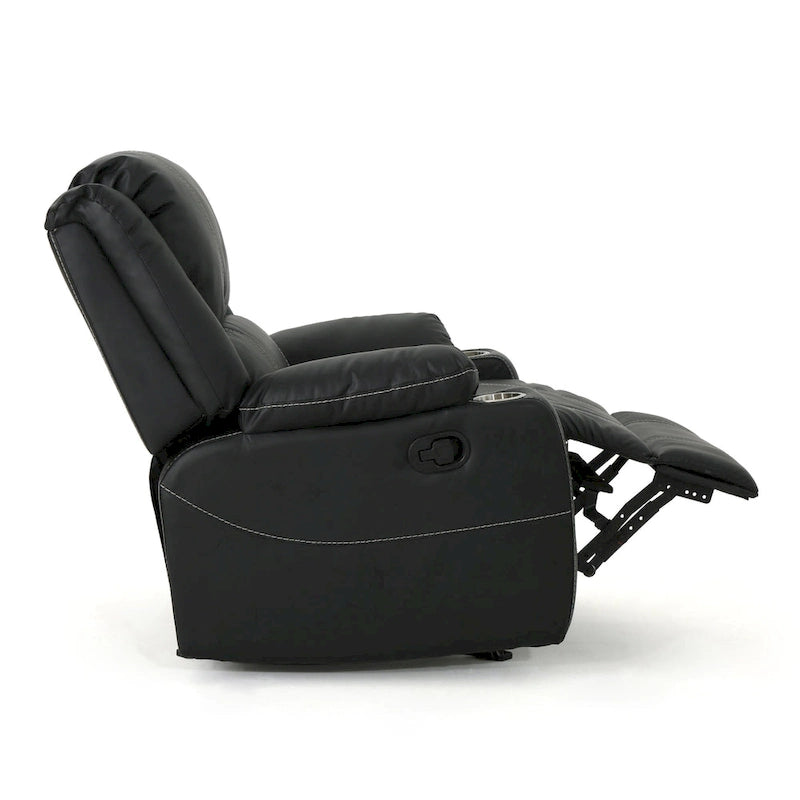 Fauteuil inclinable manuel contemporain noir avec porte-gobelets en acier, revêtement en similicuir PU moelleux, inclinaison réglable