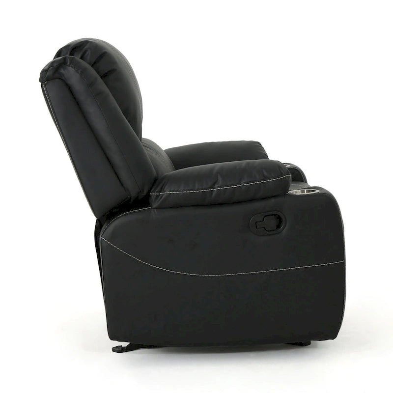 Fauteuil inclinable manuel contemporain noir avec porte-gobelets en acier, revêtement en similicuir PU moelleux, inclinaison réglable