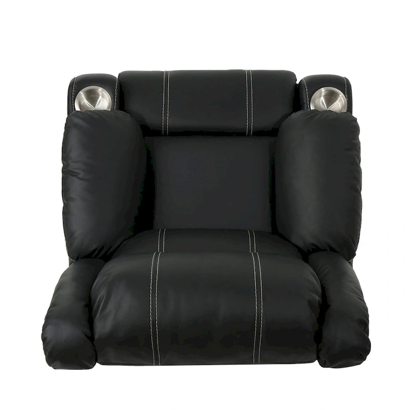 Fauteuil inclinable manuel contemporain noir avec porte-gobelets en acier, revêtement en similicuir PU moelleux, inclinaison réglable