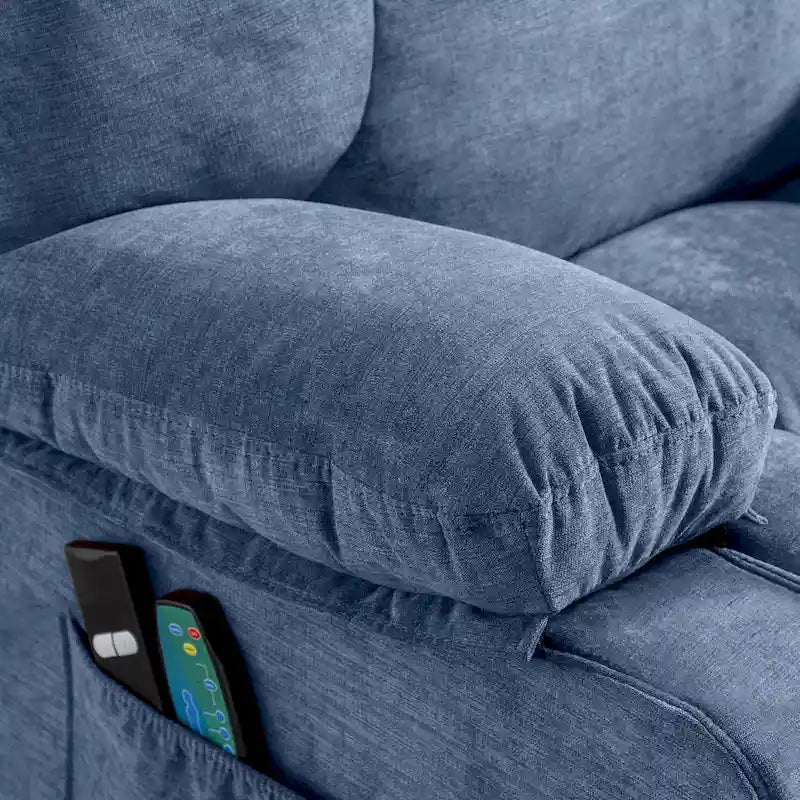 Fauteuil inclinable électrique bleu avec chauffage, massage, options d'inclinaison infinies, ports USB et poches latérales