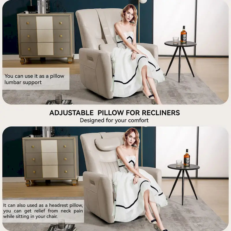 Fauteuil inclinable électrique beige avec pivotement à 270°, fonction bascule, oreiller de soutien lombaire et cervical, ports USB et Type-C