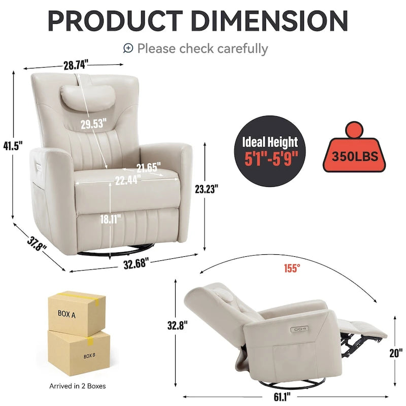 Fauteuil inclinable électrique beige avec pivotement à 270°, fonction bascule, oreiller de soutien lombaire et cervical, ports USB et Type-C
