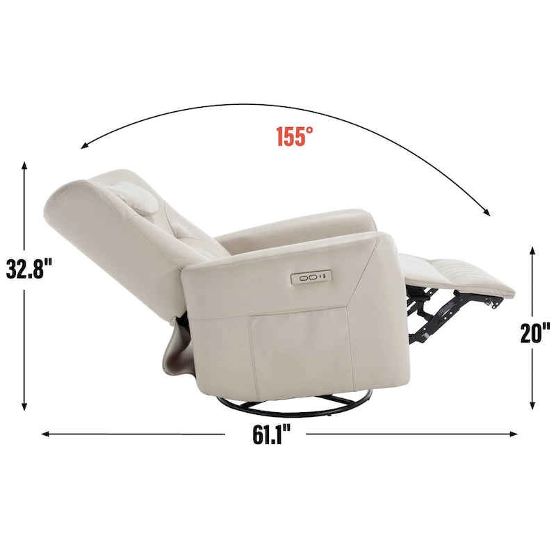 Fauteuil inclinable électrique beige avec pivotement à 270°, fonction bascule, oreiller de soutien lombaire et cervical, ports USB et Type-C