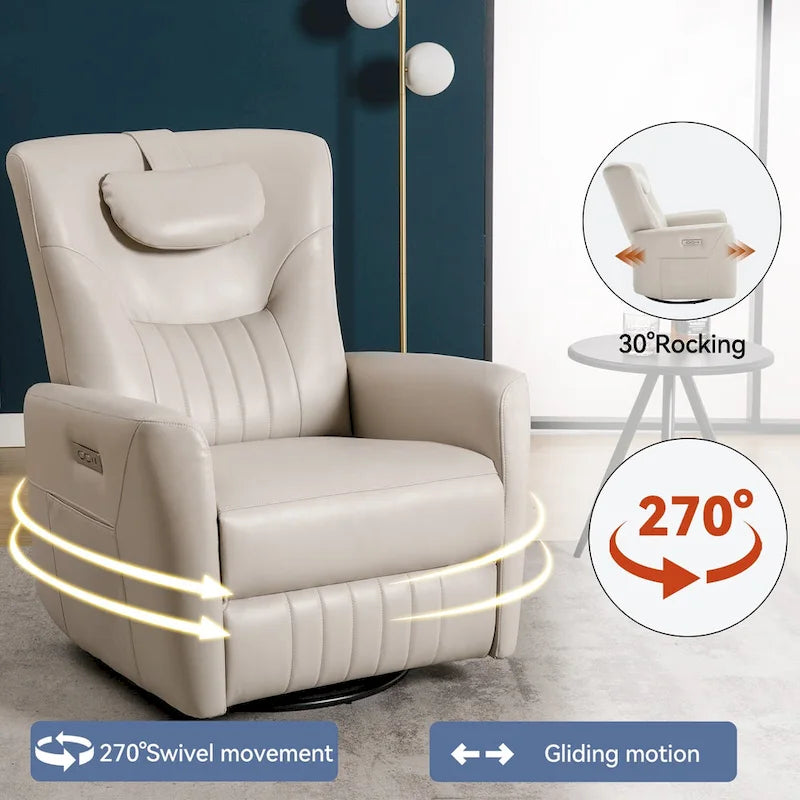 Fauteuil inclinable électrique beige avec pivotement à 270°, fonction bascule, oreiller de soutien lombaire et cervical, ports USB et Type-C