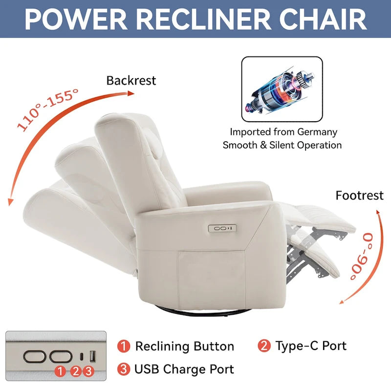 Fauteuil inclinable électrique beige avec pivotement à 270°, fonction bascule, oreiller de soutien lombaire et cervical, ports USB et Type-C