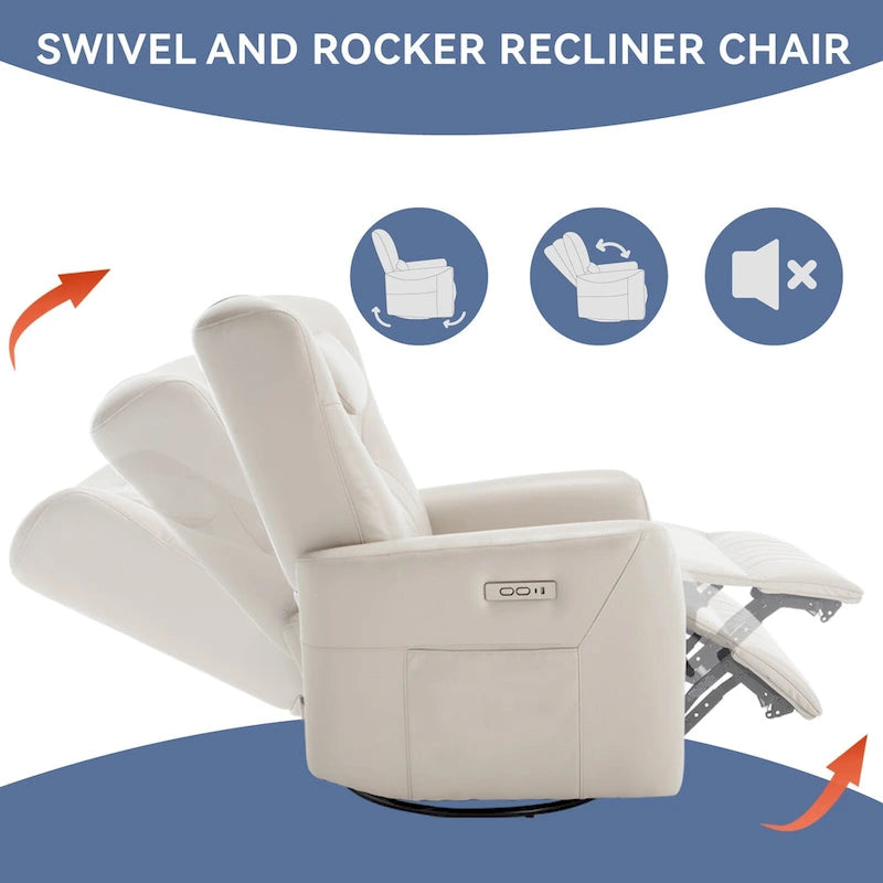 Fauteuil inclinable électrique beige avec pivotement à 270°, fonction bascule, oreiller de soutien lombaire et cervical, ports USB et Type-C