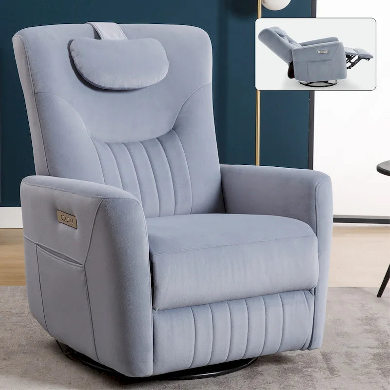 Fauteuil inclinable électrique beige avec pivotement à 270°, fonction bascule, oreiller de soutien lombaire et cervical, ports USB et Type-C