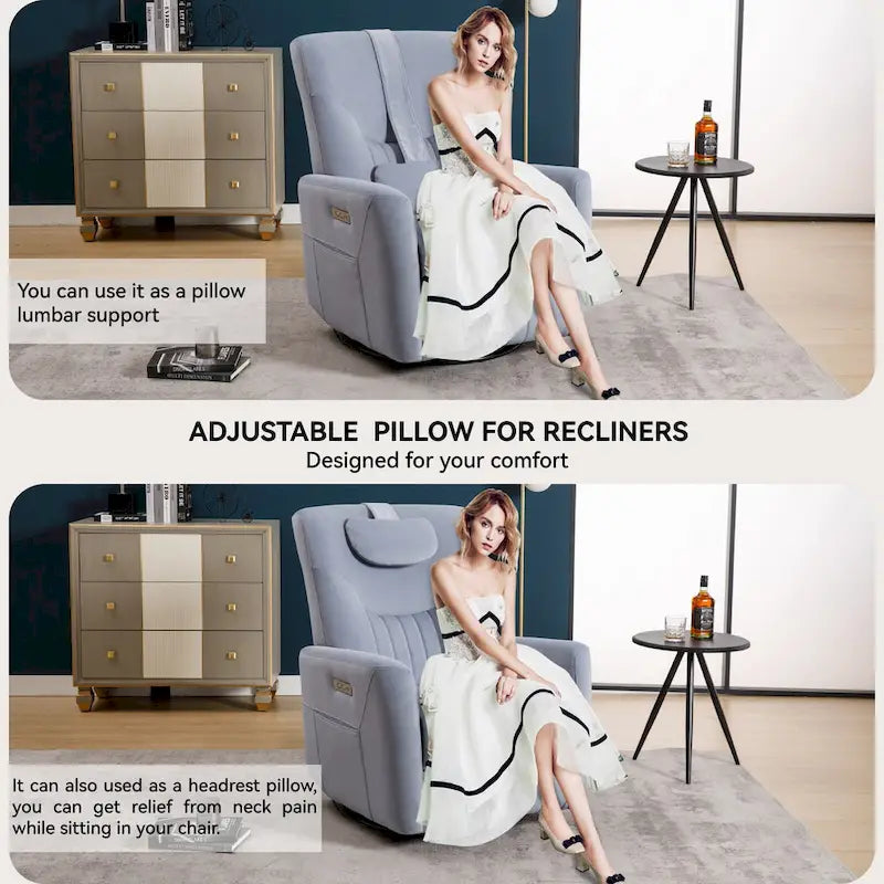 Fauteuil inclinable électrique beige avec pivotement à 270°, fonction bascule, oreiller de soutien lombaire et cervical, ports USB et Type-C