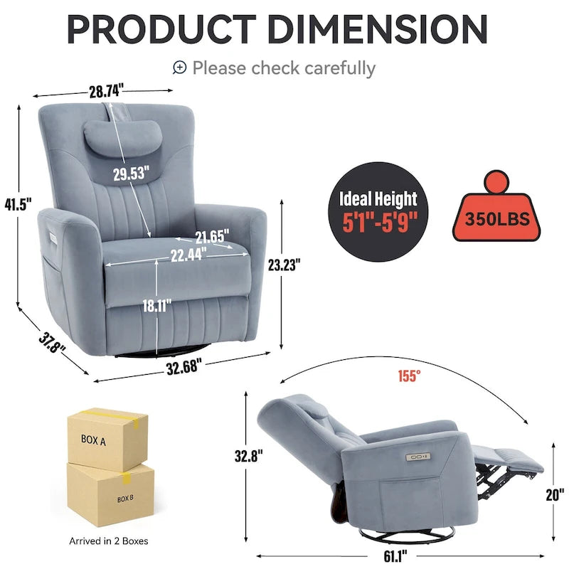 Fauteuil inclinable électrique beige avec pivotement à 270°, fonction bascule, oreiller de soutien lombaire et cervical, ports USB et Type-C