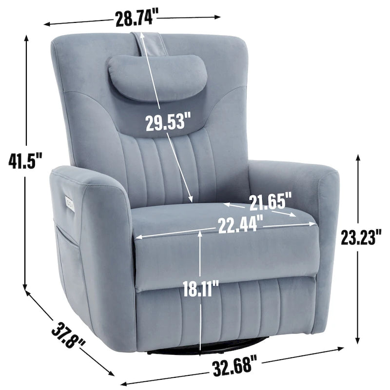 Fauteuil inclinable électrique beige avec pivotement à 270°, fonction bascule, oreiller de soutien lombaire et cervical, ports USB et Type-C