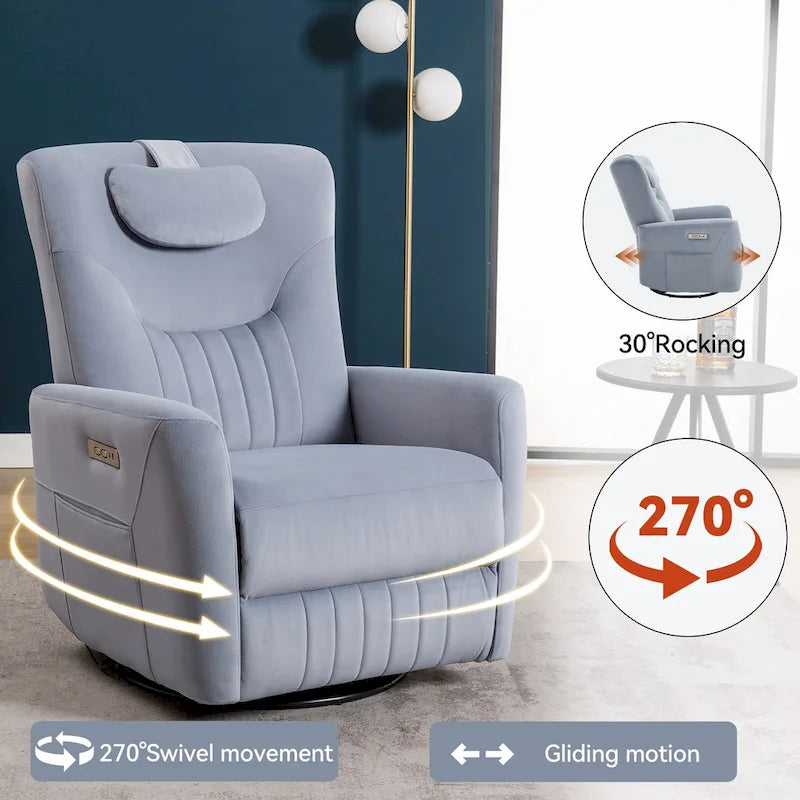 Fauteuil inclinable électrique beige avec pivotement à 270°, fonction bascule, oreiller de soutien lombaire et cervical, ports USB et Type-C