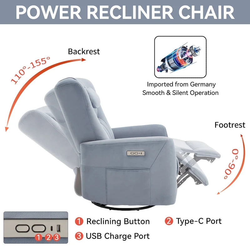 Fauteuil inclinable électrique beige avec pivotement à 270°, fonction bascule, oreiller de soutien lombaire et cervical, ports USB et Type-C
