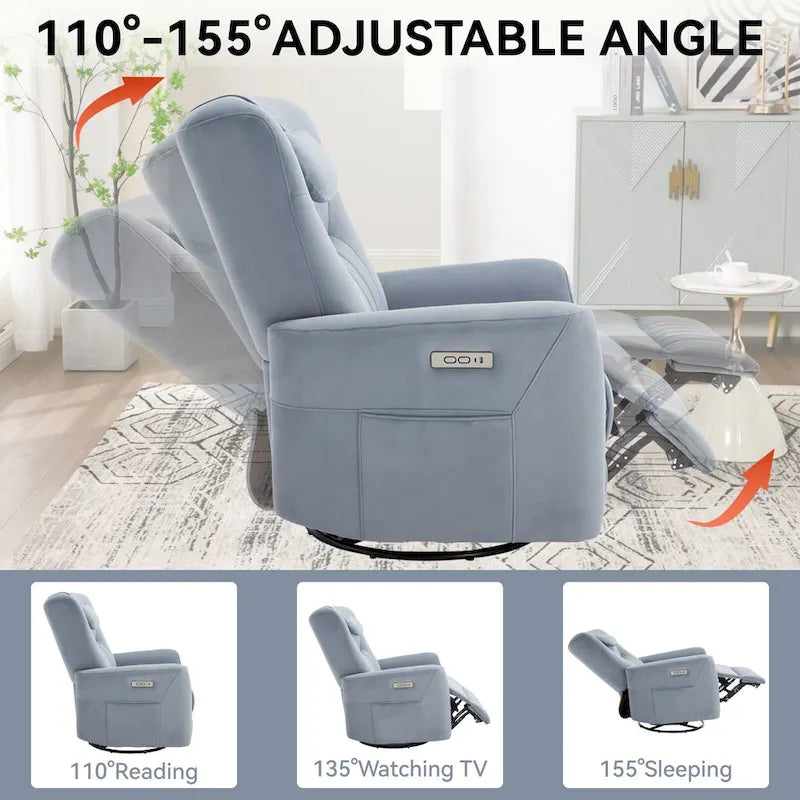 Fauteuil inclinable électrique beige avec pivotement à 270°, fonction bascule, oreiller de soutien lombaire et cervical, ports USB et Type-C