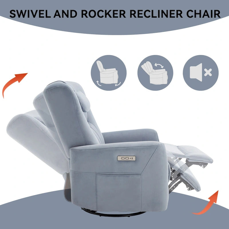 Fauteuil inclinable électrique beige avec pivotement à 270°, fonction bascule, oreiller de soutien lombaire et cervical, ports USB et Type-C