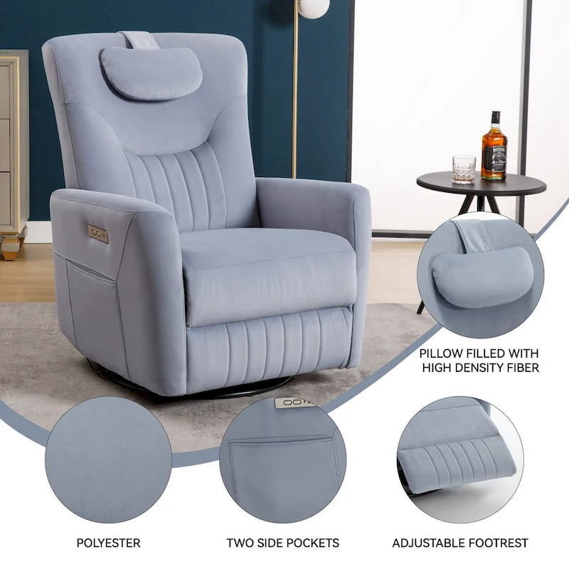 Fauteuil inclinable électrique beige avec pivotement à 270°, fonction bascule, oreiller de soutien lombaire et cervical, ports USB et Type-C