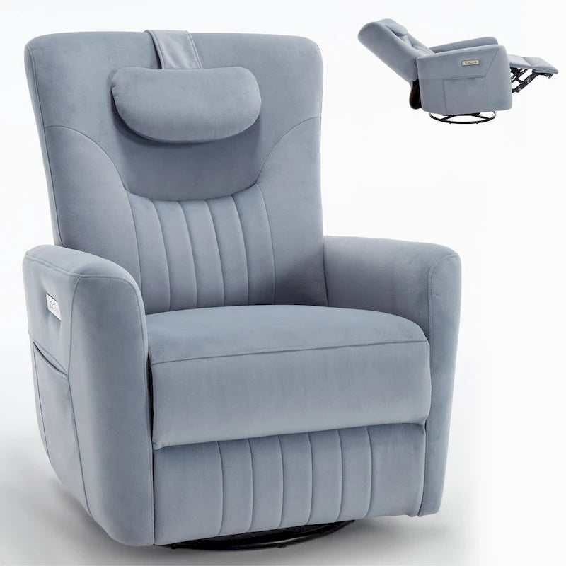 Fauteuil inclinable électrique beige avec pivotement à 270°, fonction bascule, oreiller de soutien lombaire et cervical, ports USB et Type-C