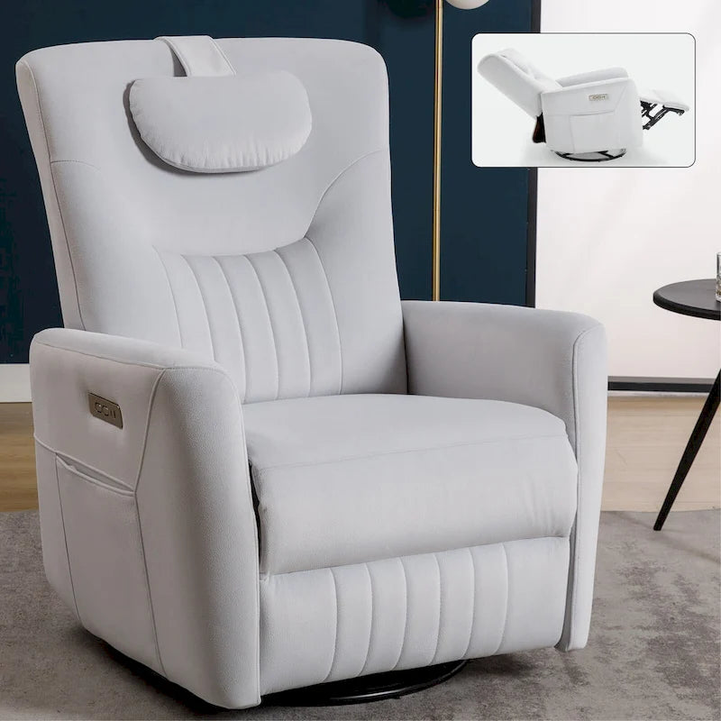 Fauteuil inclinable électrique beige avec pivotement à 270°, fonction bascule, oreiller de soutien lombaire et cervical, ports USB et Type-C