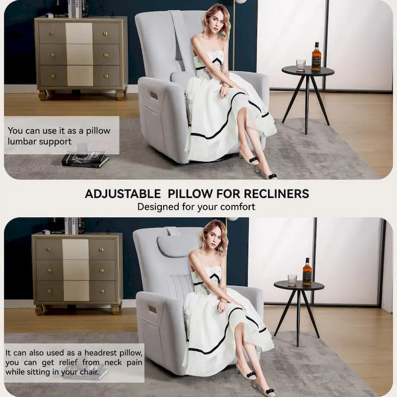Fauteuil inclinable électrique beige avec pivotement à 270°, fonction bascule, oreiller de soutien lombaire et cervical, ports USB et Type-C