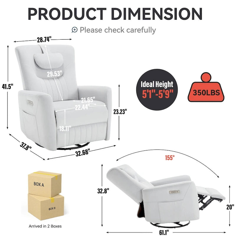 Fauteuil inclinable électrique beige avec pivotement à 270°, fonction bascule, oreiller de soutien lombaire et cervical, ports USB et Type-C