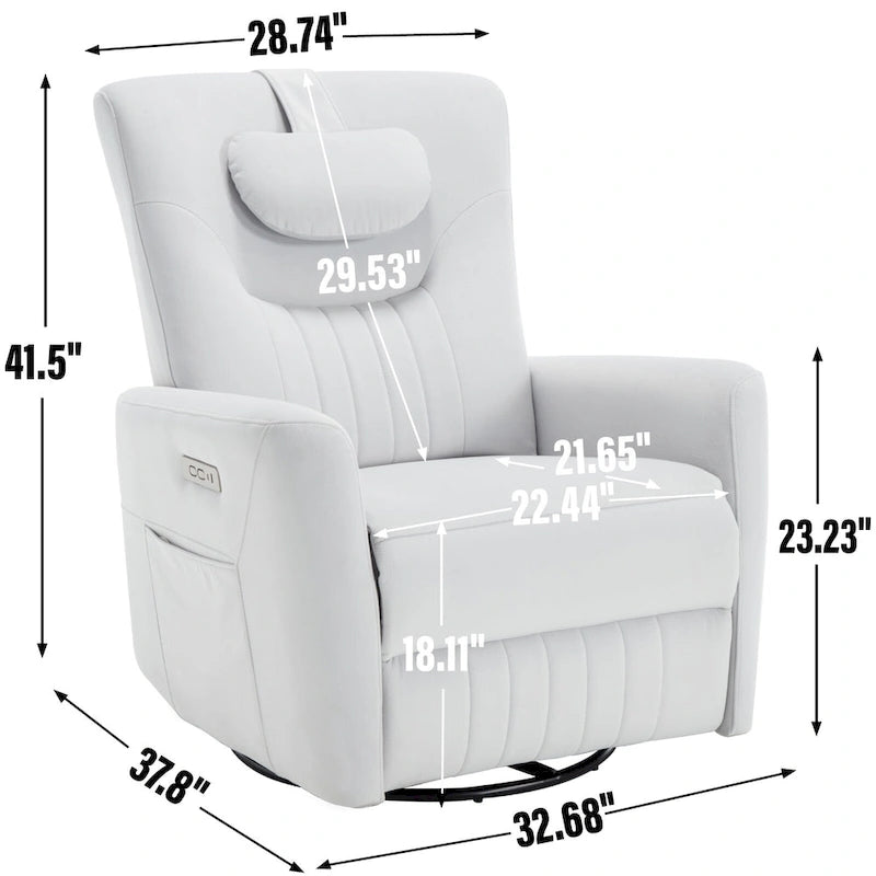 Fauteuil inclinable électrique beige avec pivotement à 270°, fonction bascule, oreiller de soutien lombaire et cervical, ports USB et Type-C