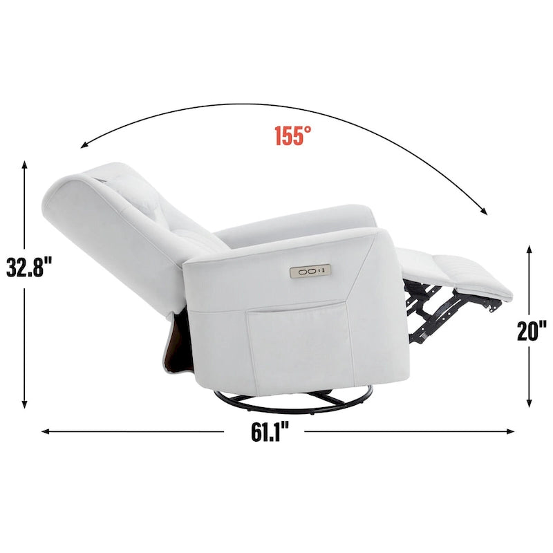 Fauteuil inclinable électrique beige avec pivotement à 270°, fonction bascule, oreiller de soutien lombaire et cervical, ports USB et Type-C