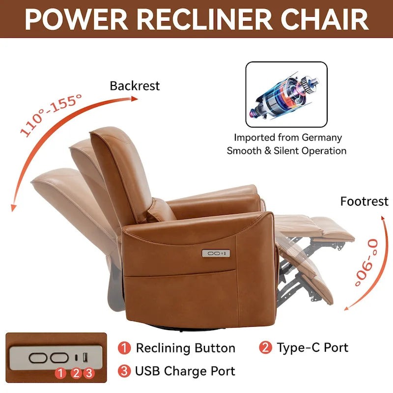 Fauteuil inclinable électrique ergonomique marron avec fonction pivotante, basculante et ports USB