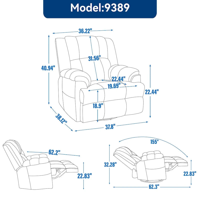 Fauteuil inclinable manuel vert surdimensionné avec pivotement, basculement et revêtement en tissu