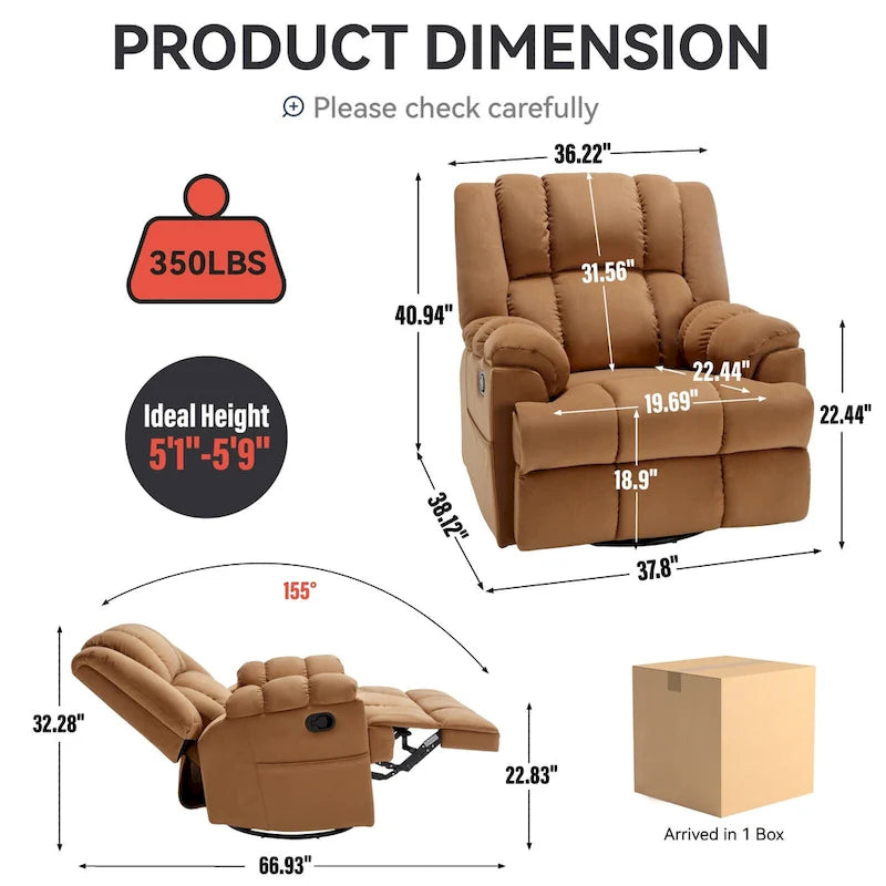 Fauteuil inclinable manuel vert surdimensionné avec pivotement, basculement et revêtement en tissu
