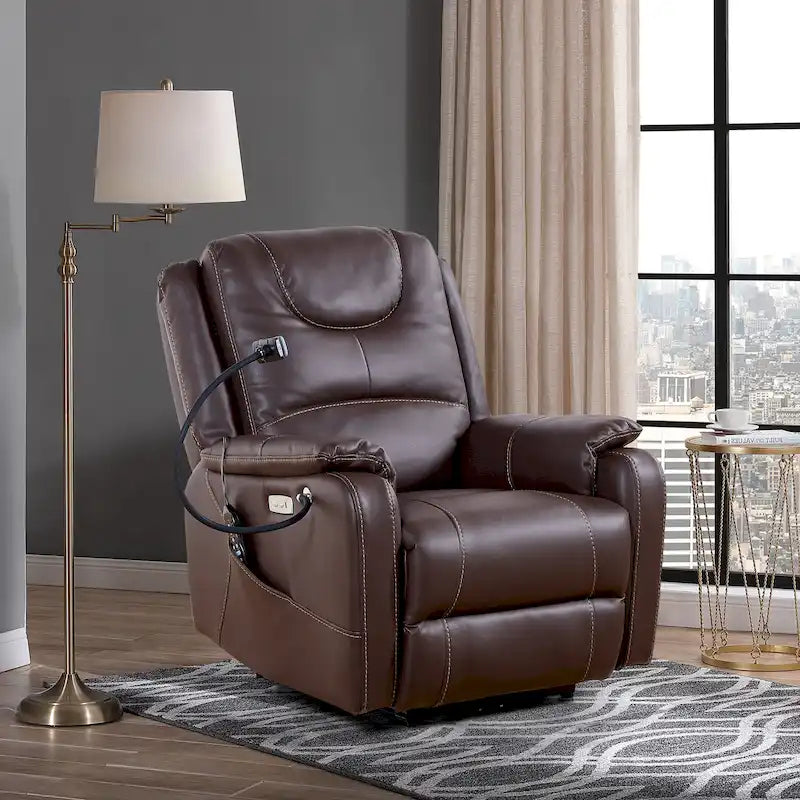 Fauteuil inclinable électrique noir, avec massage, chauffage, ports USB, support de téléphone et poches latérales, inclinaison réglable jusqu'à 139