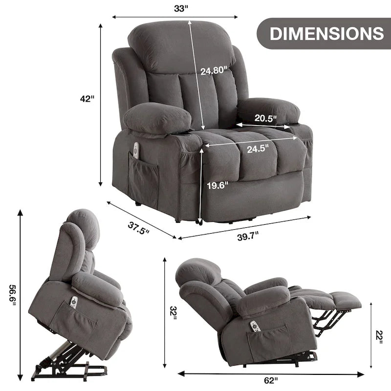 Fauteuil inclinable électrique gris avec chauffage, massage, port USB et poches latérales, équipé d'une télécommande