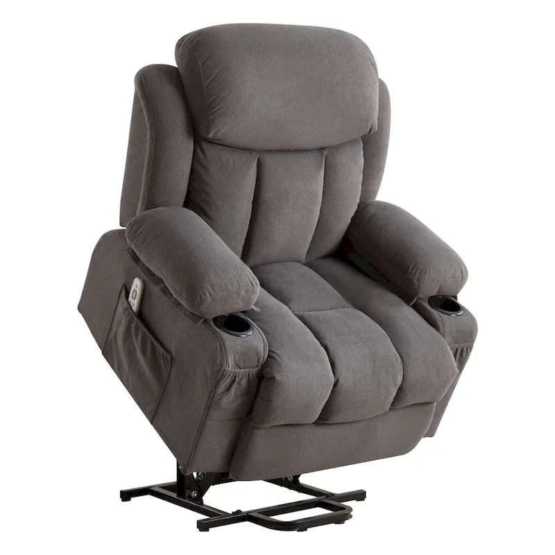 Fauteuil inclinable électrique gris avec chauffage, massage, port USB et poches latérales, équipé d'une télécommande
