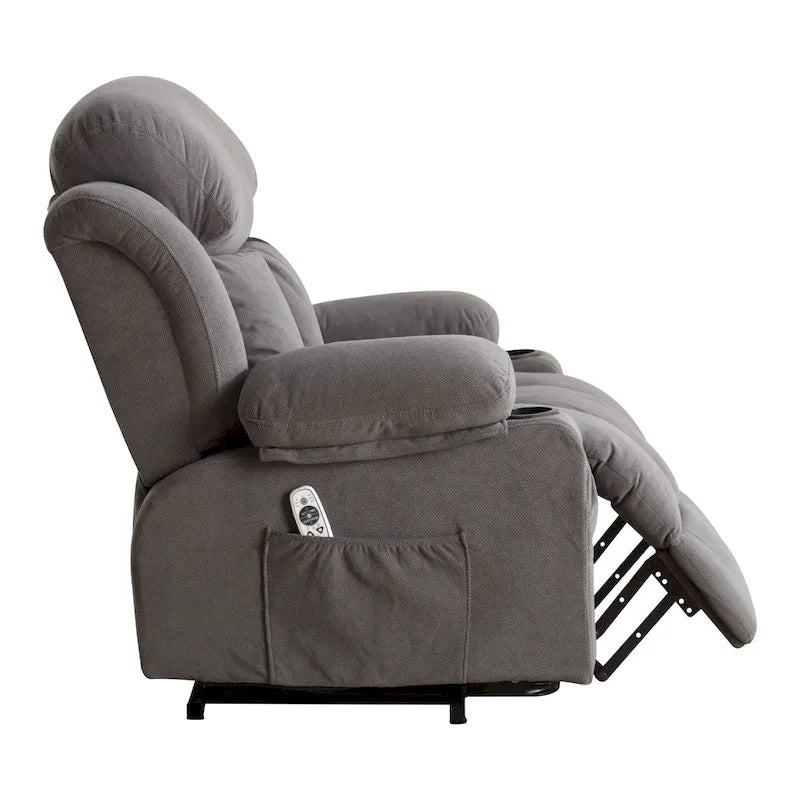 Fauteuil inclinable électrique gris avec chauffage, massage, port USB et poches latérales, équipé d'une télécommande