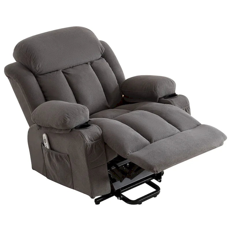 Fauteuil inclinable électrique gris avec chauffage, massage, port USB et poches latérales, équipé d'une télécommande