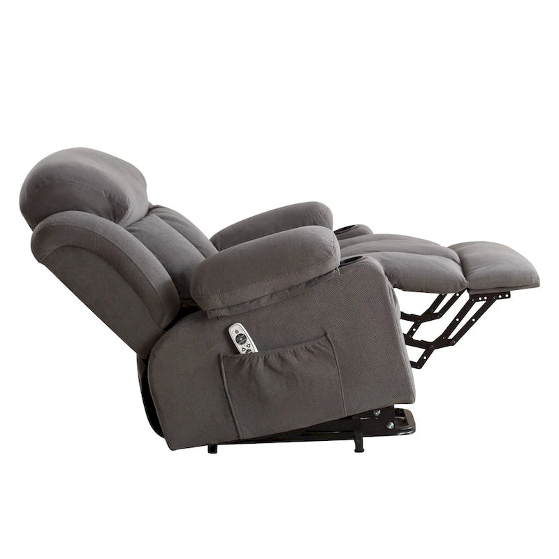 Fauteuil inclinable électrique gris avec chauffage, massage, port USB et poches latérales, équipé d'une télécommande