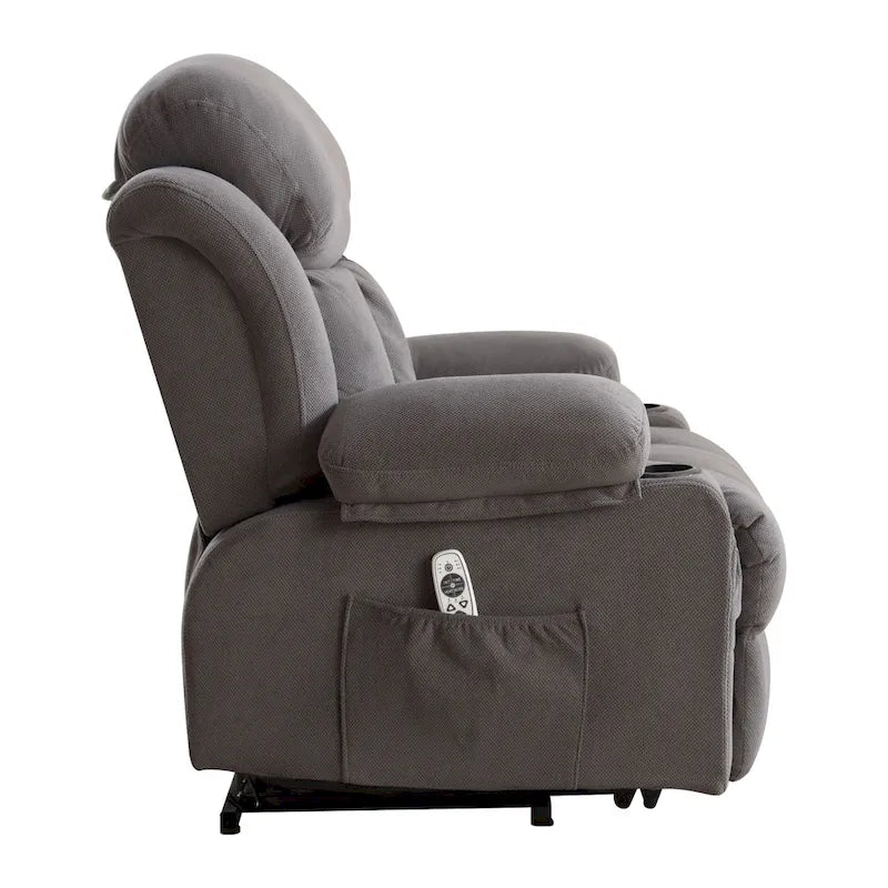 Fauteuil inclinable électrique gris avec chauffage, massage, port USB et poches latérales, équipé d'une télécommande