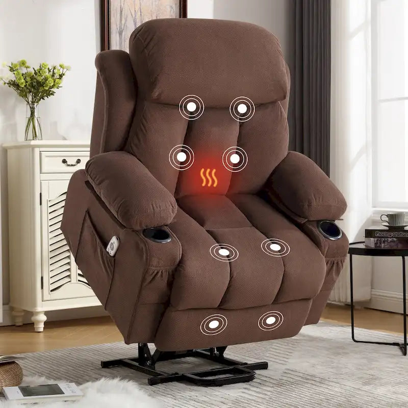 Fauteuil inclinable électrique gris avec chauffage, massage, port USB et poches latérales, équipé d'une télécommande