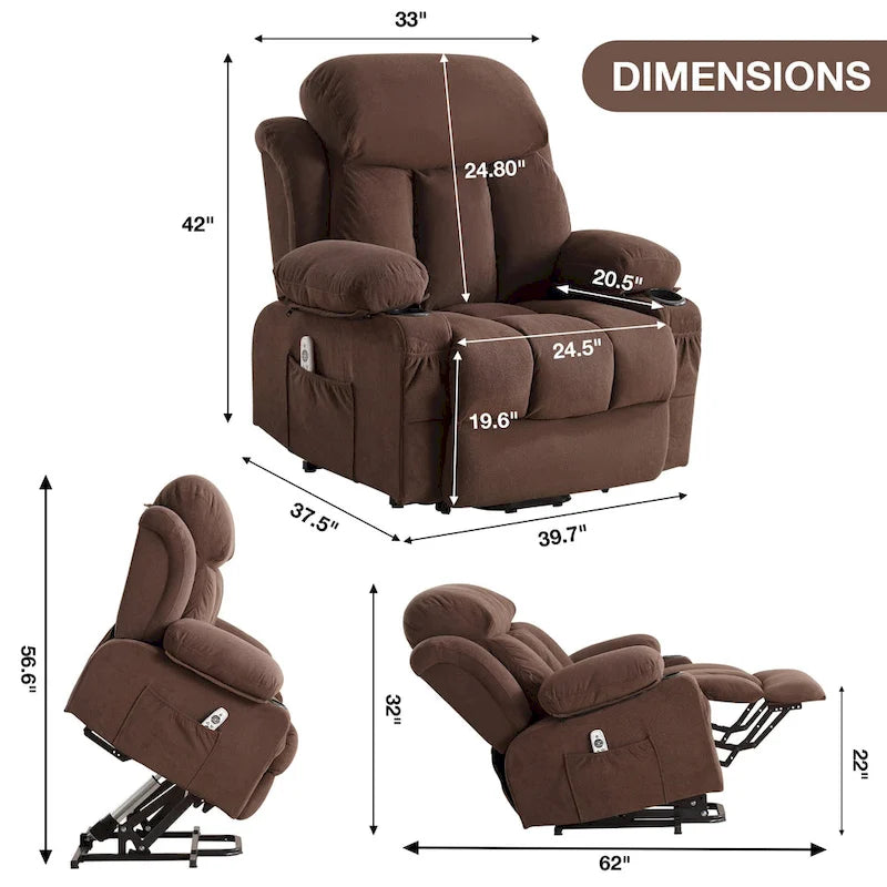 Fauteuil inclinable électrique gris avec chauffage, massage, port USB et poches latérales, équipé d'une télécommande
