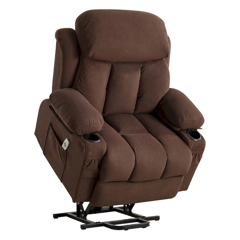 Fauteuil inclinable électrique gris avec chauffage, massage, port USB et poches latérales, équipé d'une télécommande