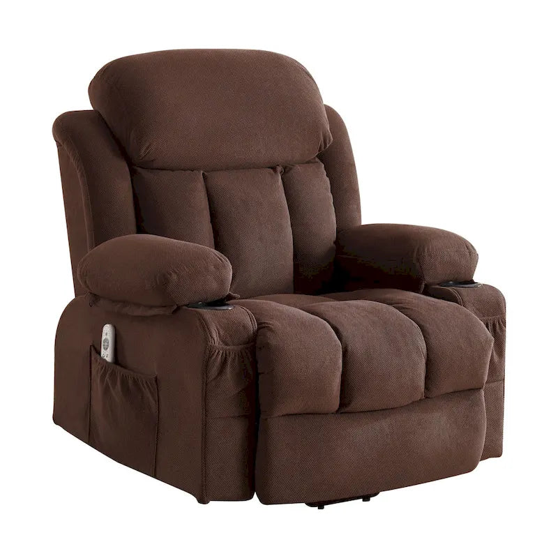 Fauteuil inclinable électrique gris avec chauffage, massage, port USB et poches latérales, équipé d'une télécommande