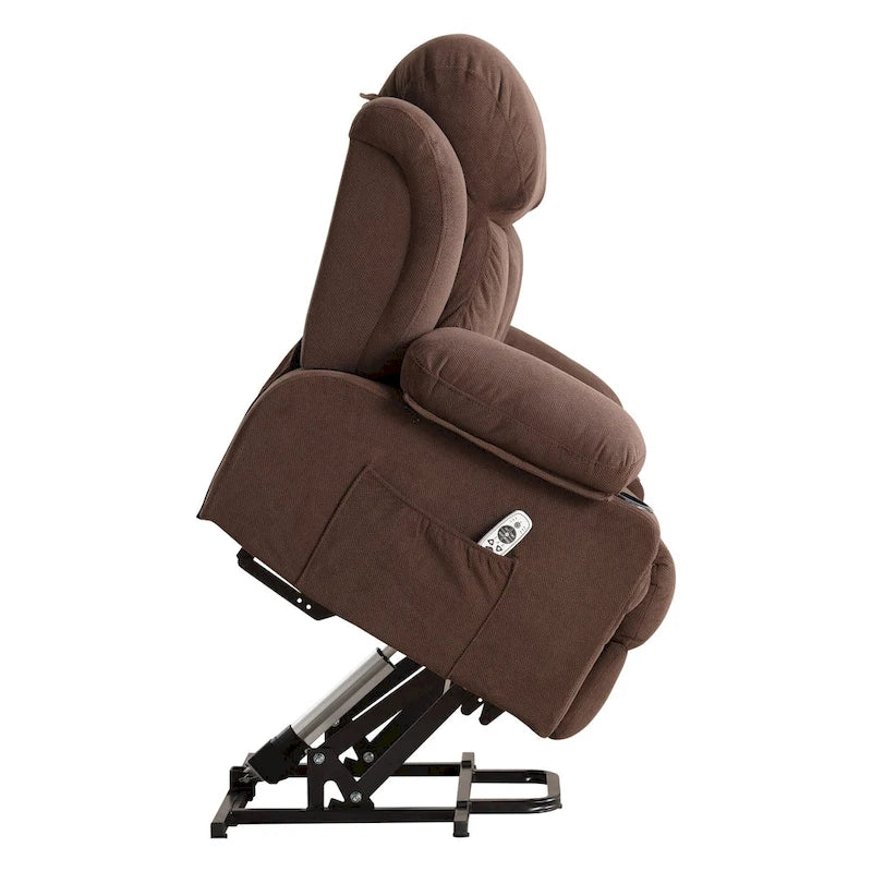 Fauteuil inclinable électrique gris avec chauffage, massage, port USB et poches latérales, équipé d'une télécommande