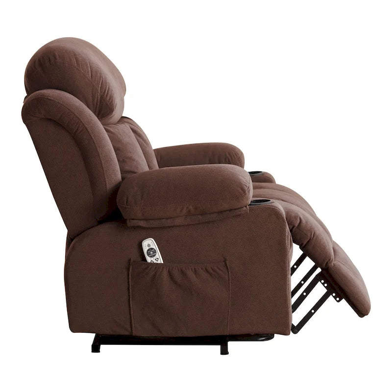 Fauteuil inclinable électrique gris avec chauffage, massage, port USB et poches latérales, équipé d'une télécommande